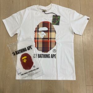 Bape White and Brown Plaid Graphic Tee